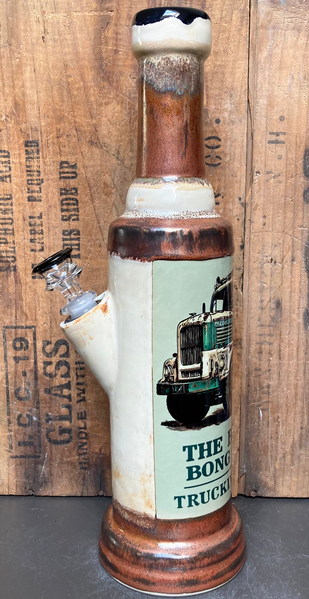 Handmade Bong Funny Trucking Company Design Cream and Copper Glaze