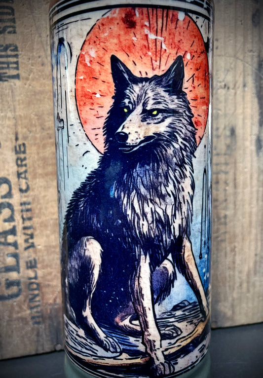 Green Grey Blue Glazes Ceramic Bong Dire Wolf featuring detailed wolf illustration and beautiful glazes