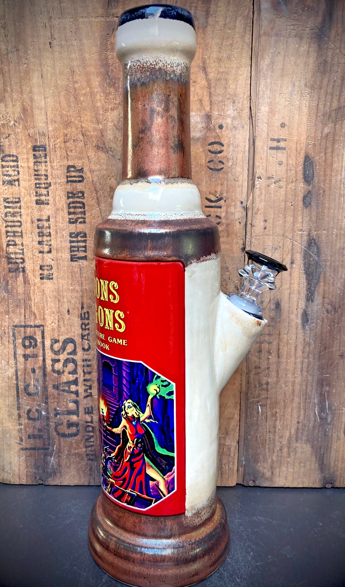Handmade Ceramic Bong Dungeons Dragons First Edition Rulebook style ceramic bong with red book label glass bowl and wooden base