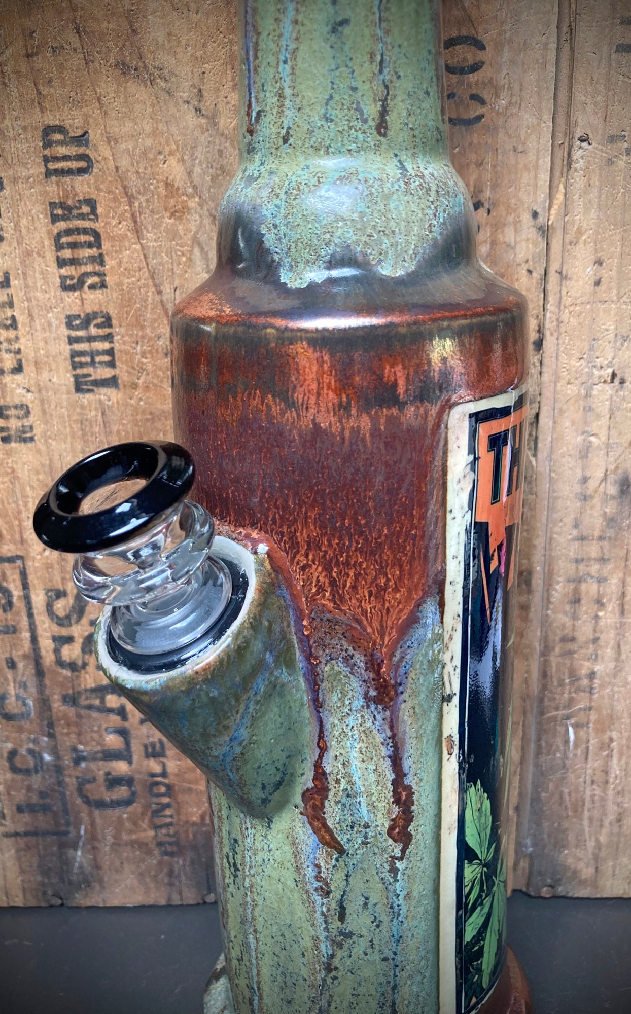 Funky hand thrown bong, leaf crown woman art, earthy green and copper glaze