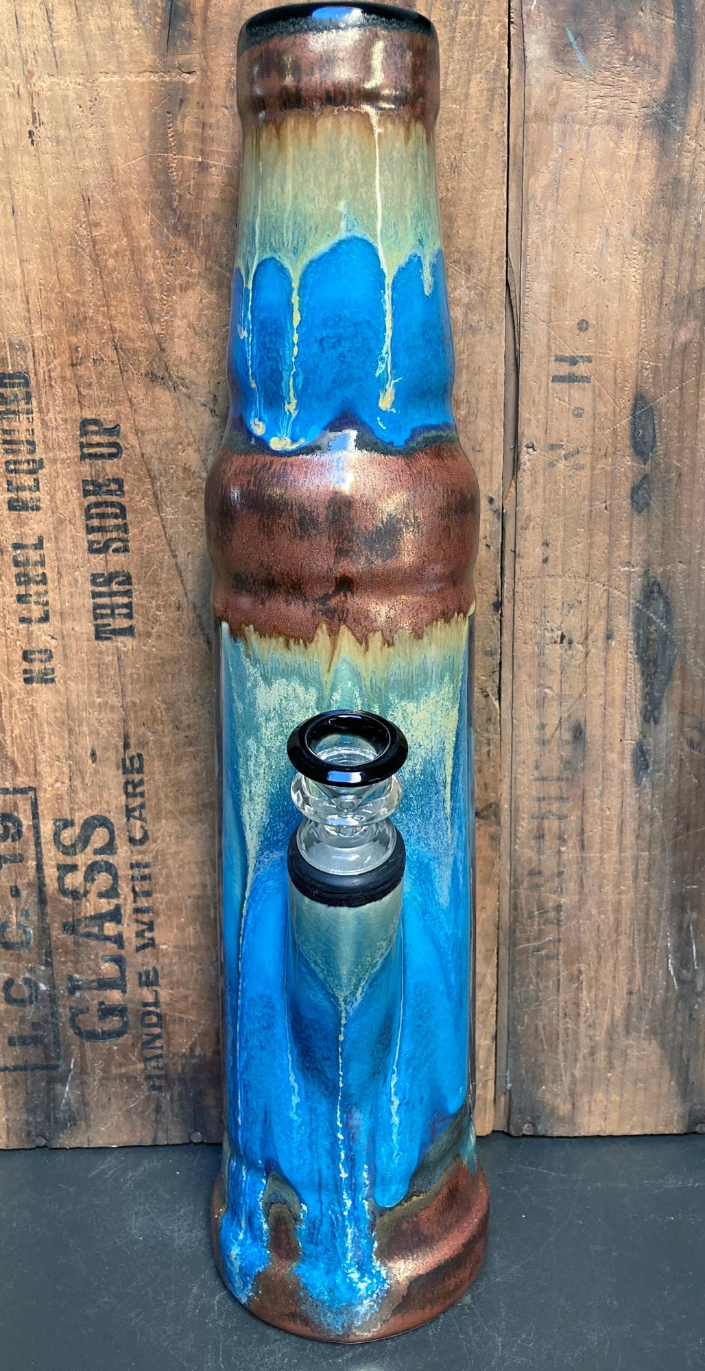 Handmade Ceramic Bong 3 Stoned Robots Blue Glazes with Unique Design and Colorful Finish