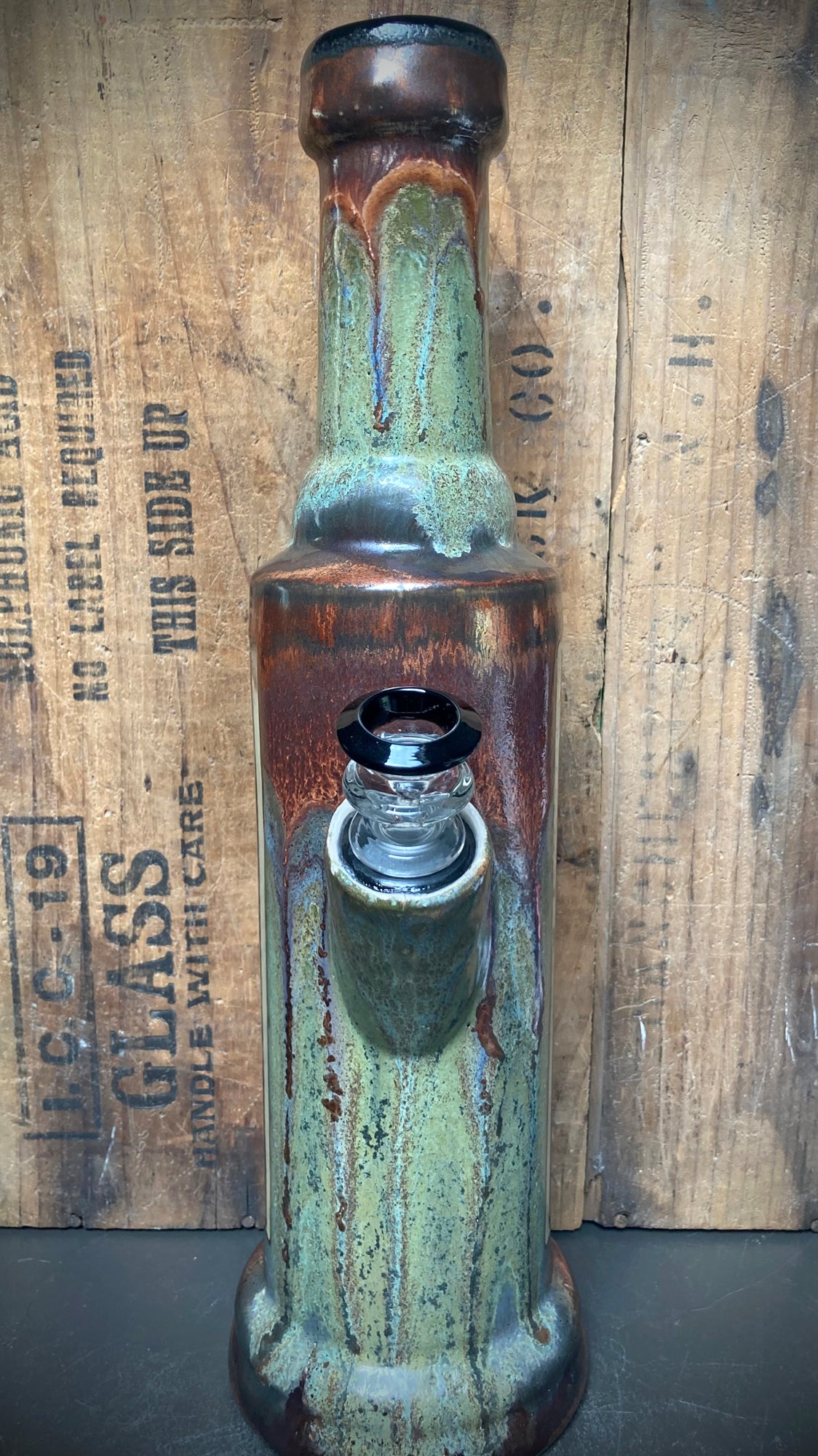 Berkshire Bong Rippers ceramic bong, moss green antique copper glazes, athletic design