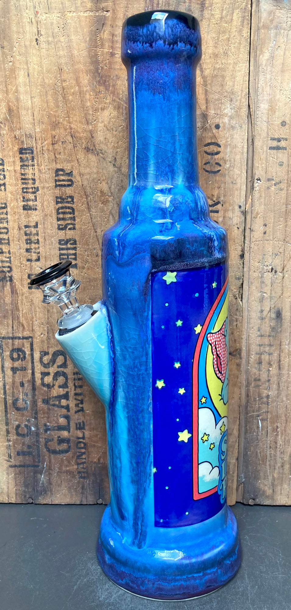 Tall blue glazed bottle style Handmade Ceramic Bong Cute Care Bear Moon Art with removable glass bowl and star panel