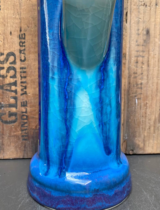 Handmade Ceramic Bong Cute Care Bear Moon Art blue crackle glazed ceramic bong with dripped darker blue accents and round base