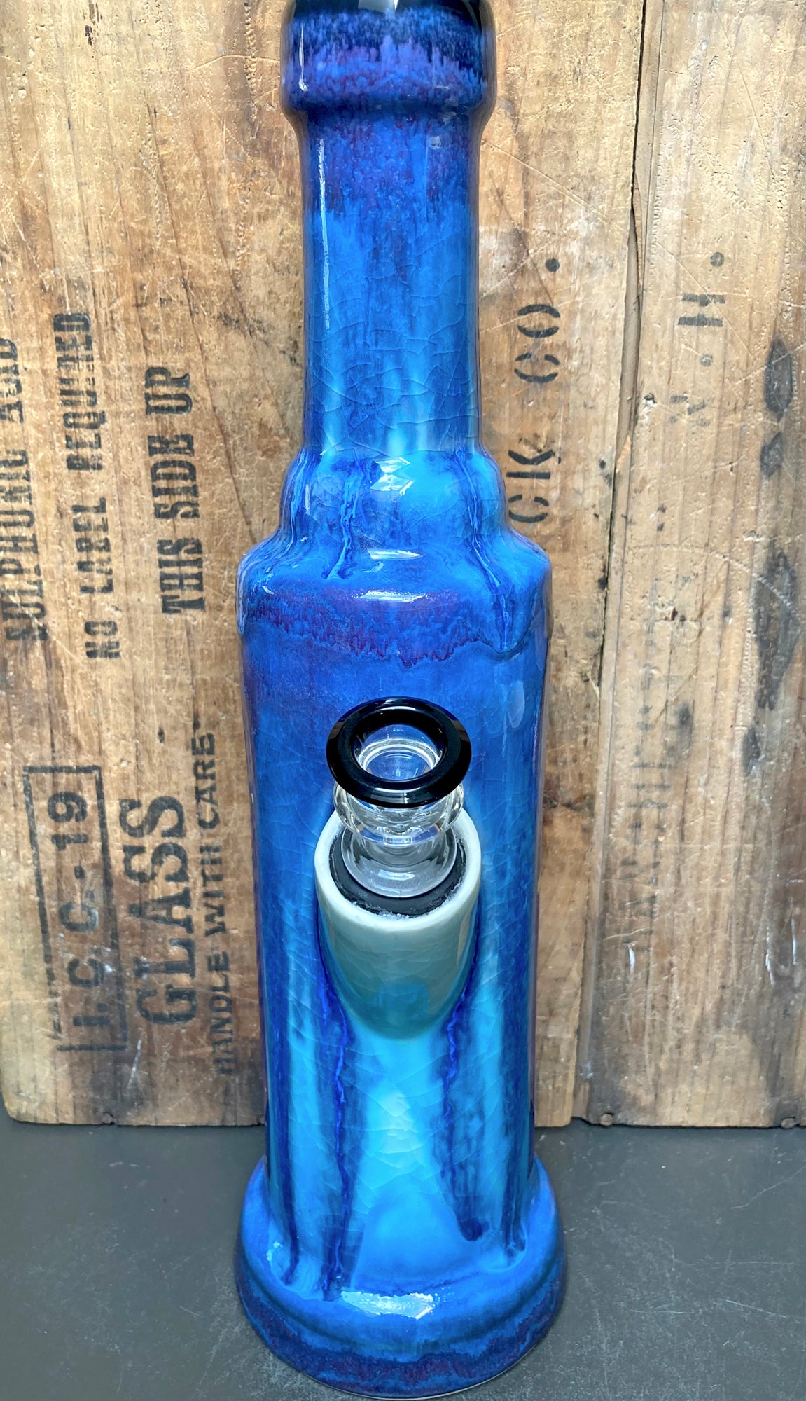 Handmade Ceramic Bong Cute Care Bear Moon Art blue bottle style glaze with removable glass bowl
