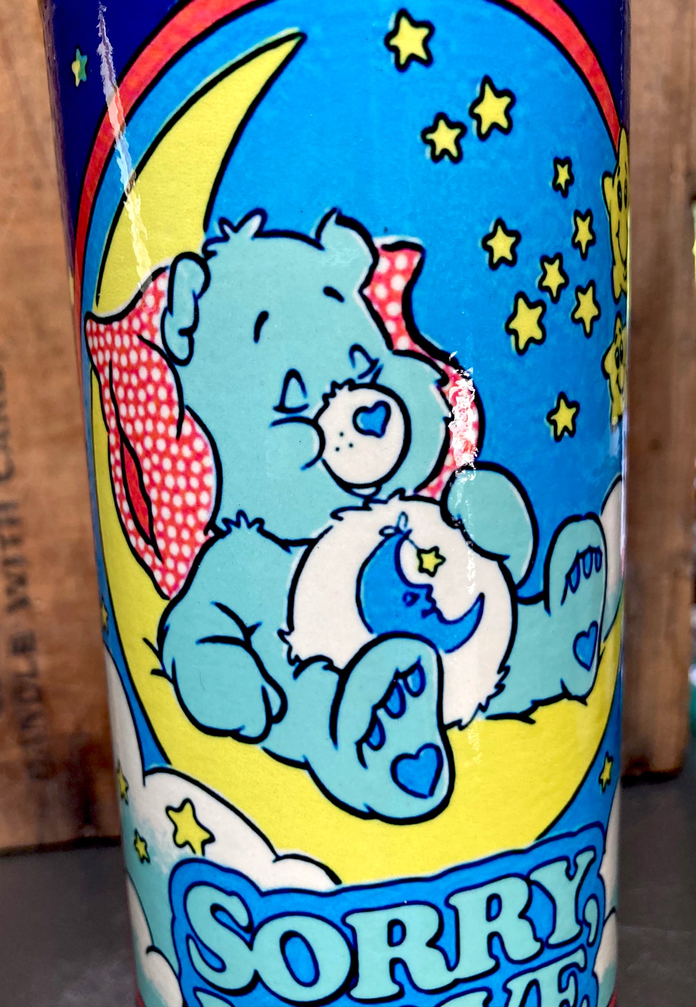 Handmade Ceramic Bong Cute Care Bear Moon Art colorful ceramic bong with blue care bear on moon and stars by Berkshire Bong Co