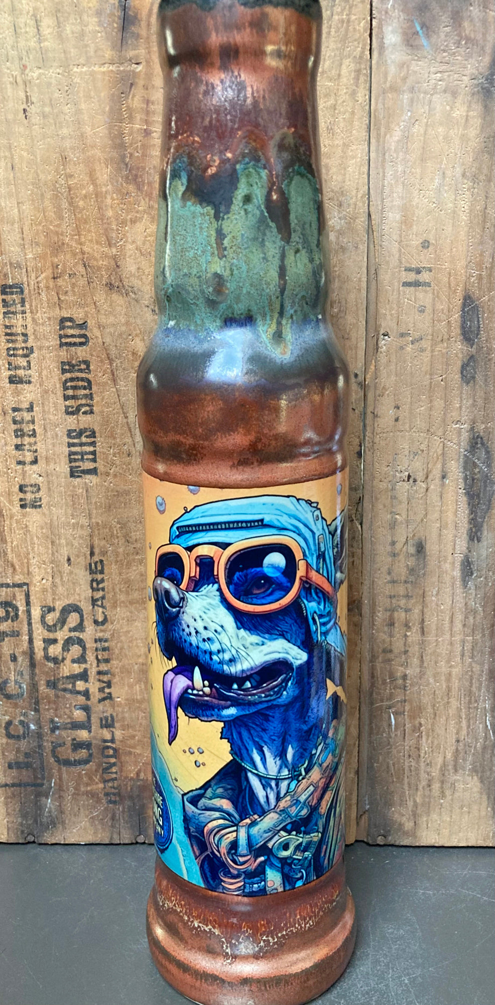 Handmade Ceramic Bong Dawg Pound Soldier Dog with vibrant artwork and smooth finish for enthusiasts