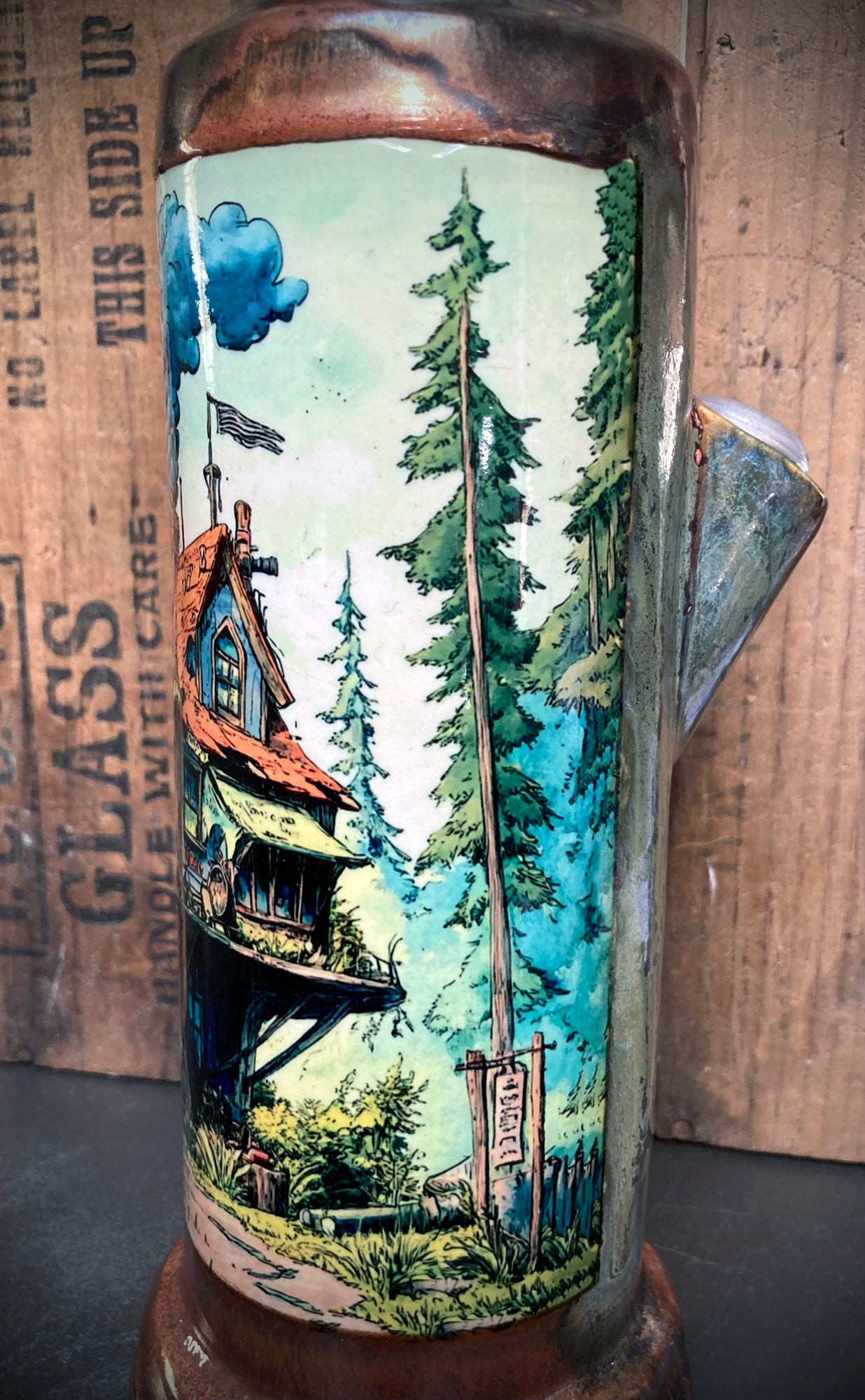 Handmade Ceramic Bong Dream Home Tree House with detailed forest artwork and vibrant colors