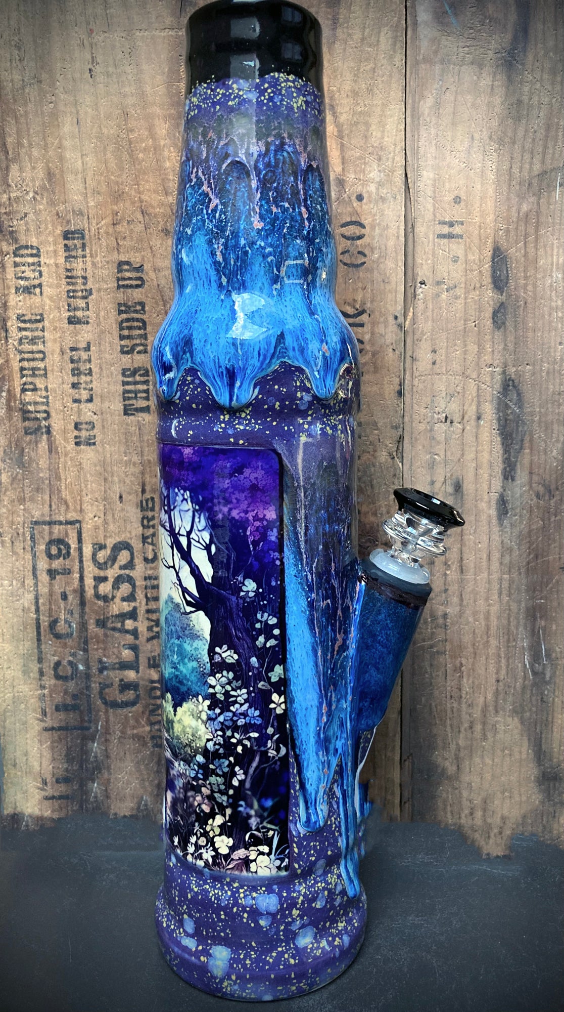 Handmade bong with peaceful forest scene from the Berkshire Hills.