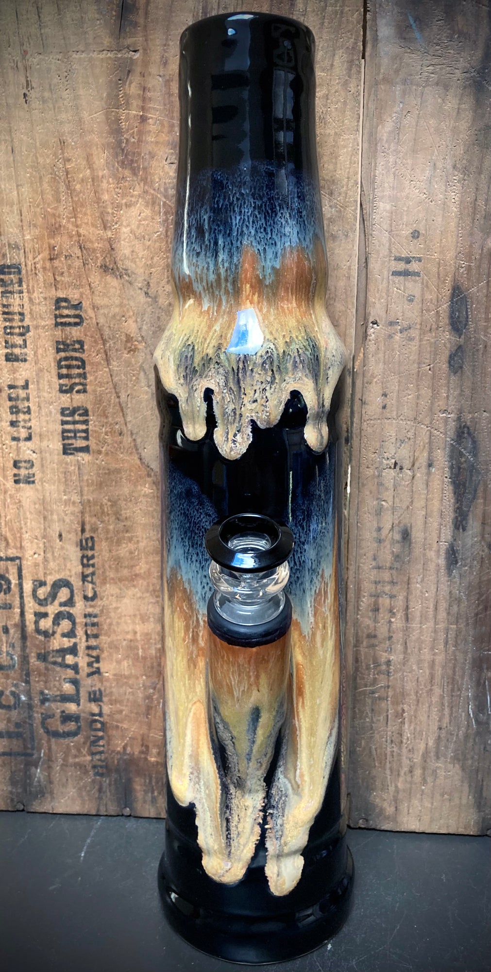 Handmade Ceramic Bong Hill Town Mafia Woman with a unique drip glaze design and ergonomic shape