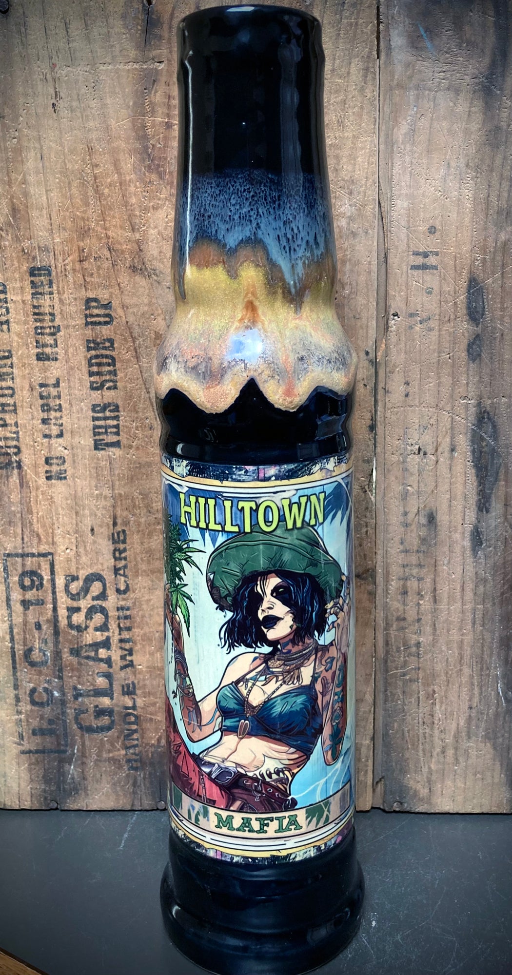 Handmade Ceramic Bong Hill Town Mafia Woman featuring colorful art and unique design