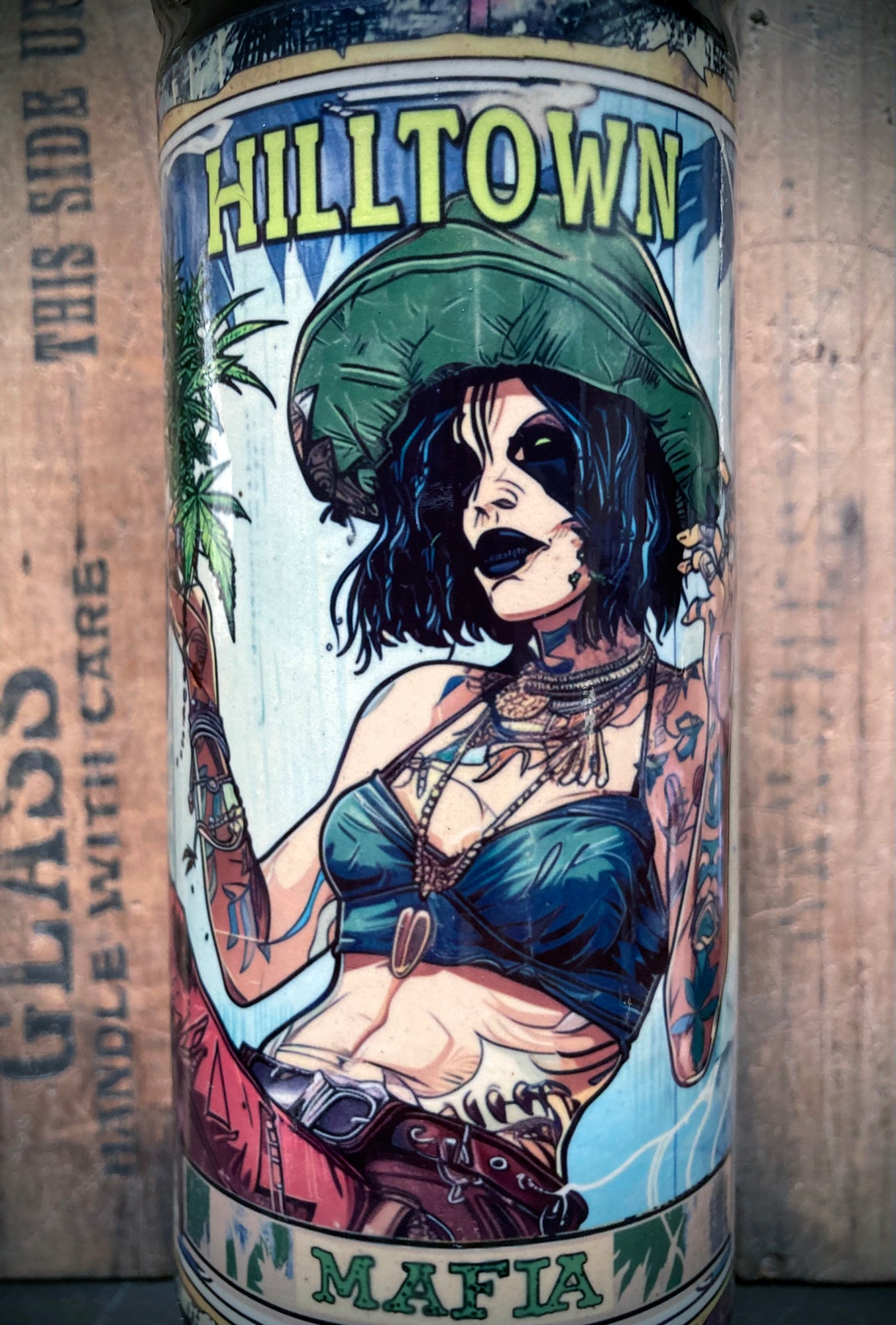 Handmade Ceramic Bong Hill Town Mafia Woman featuring detailed artwork of a tattooed woman in a green hat