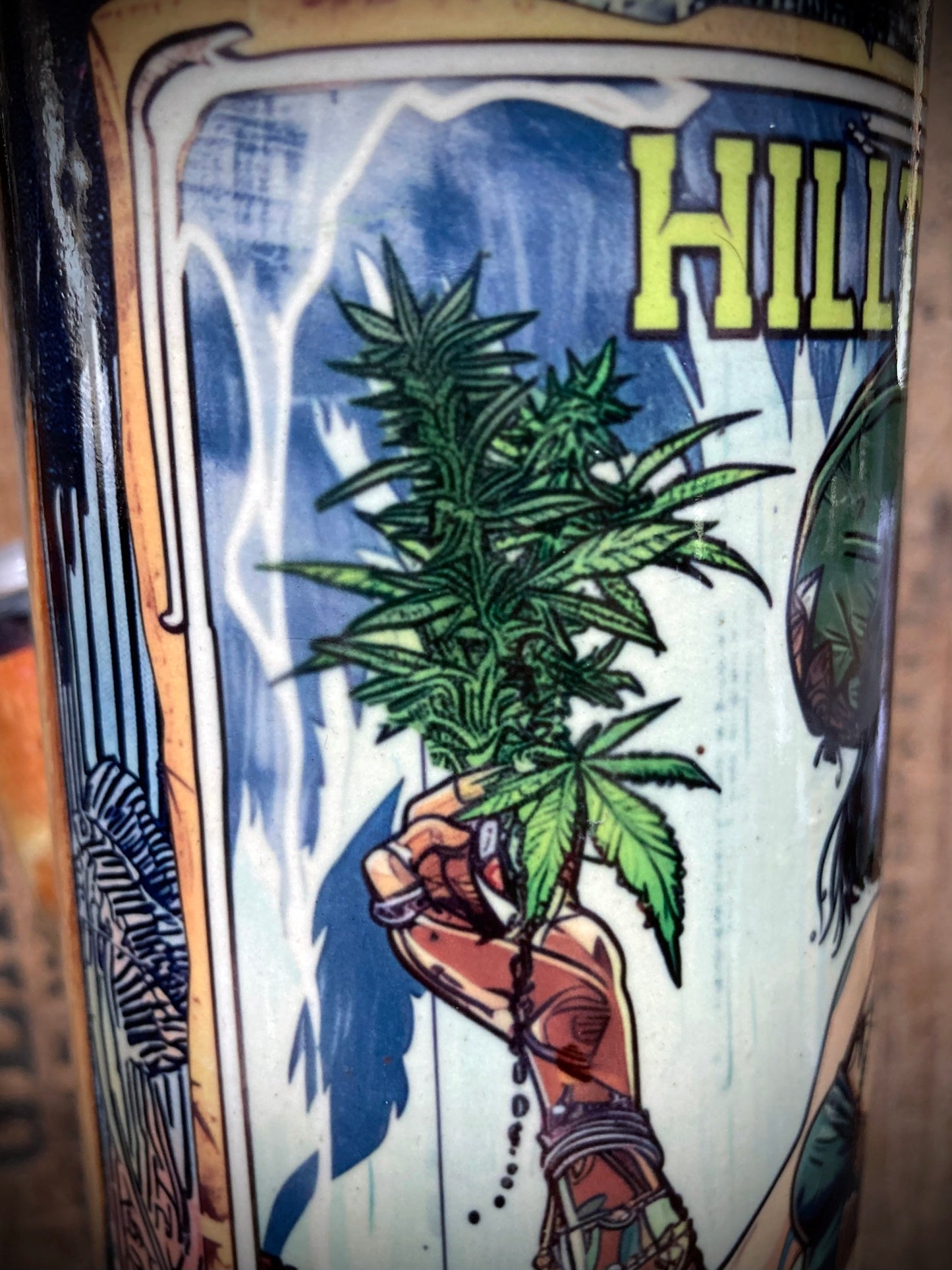 Handmade Ceramic Bong Hill Town Mafia Woman featuring detailed cannabis artwork and vibrant colors