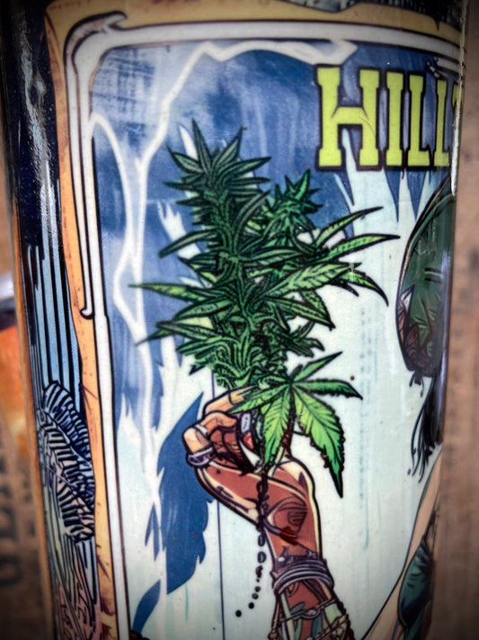 Handmade Ceramic Bong Hill Town Mafia Woman featuring detailed cannabis artwork and vibrant colors