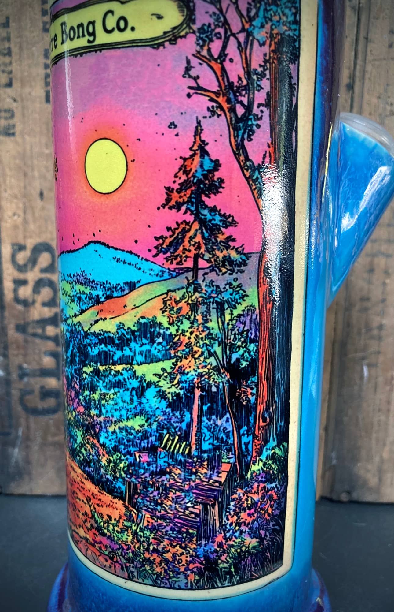 Handmade Ceramic Bong Magical Sunset Glow featuring vibrant sunset and nature artwork