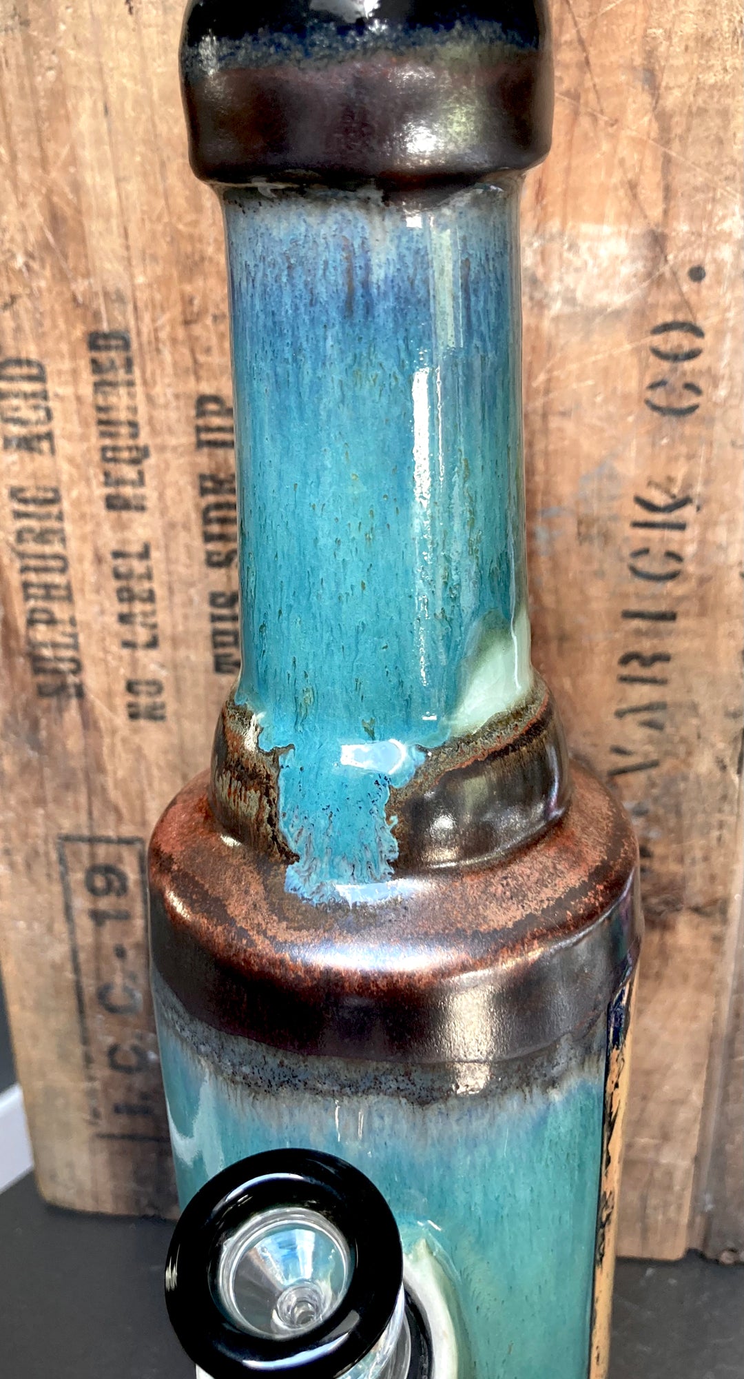 Handmade ceramic bong with turquoise and pale green gloss glazes, antique copper accents.
