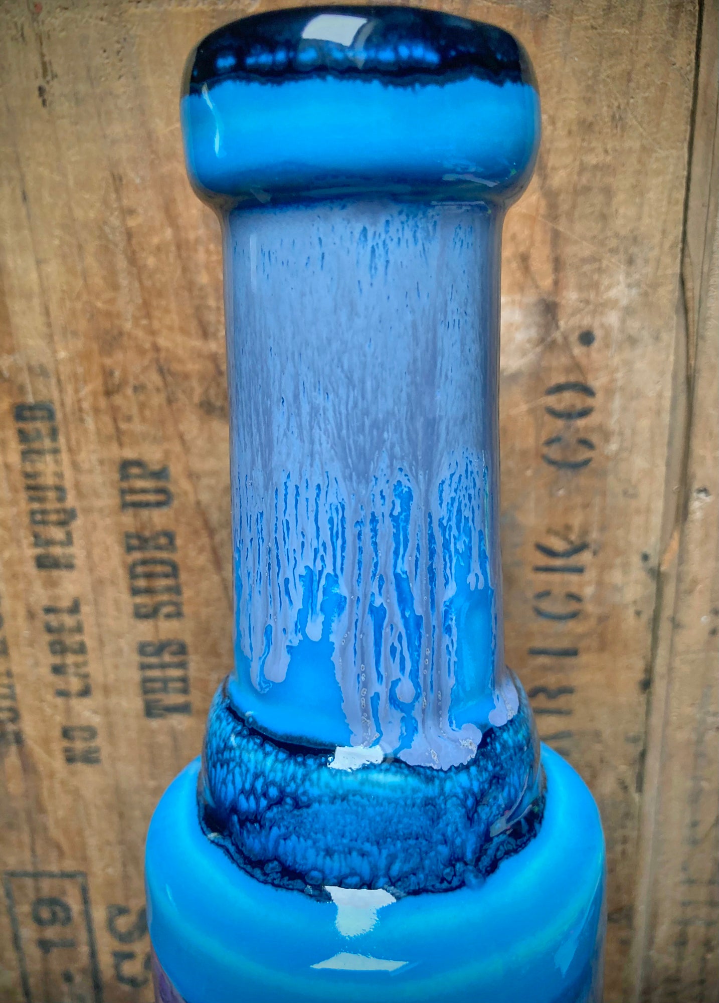 Handmade Ceramic Bong My Favorite Vintage TV Show with Unique Blue Drip Design and Glossy Finish