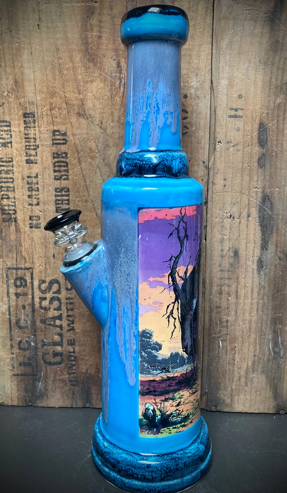 Handmade Ceramic Bong My Favorite Vintage TV Show with vibrant blue finish and artistic landscape design