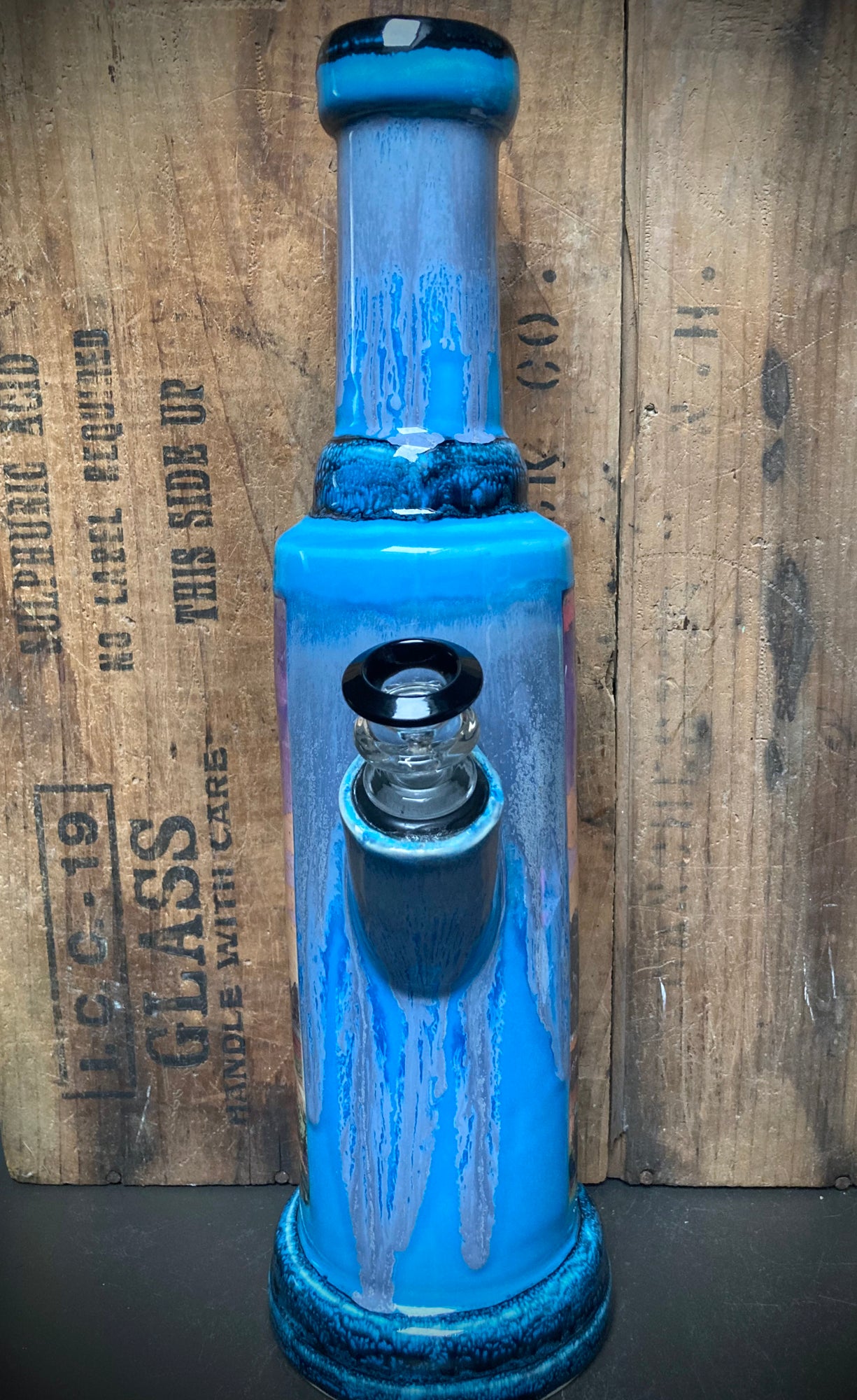 Handmade Ceramic Bong My Favorite Vintage TV Show in Blue with Unique Glaze Finish