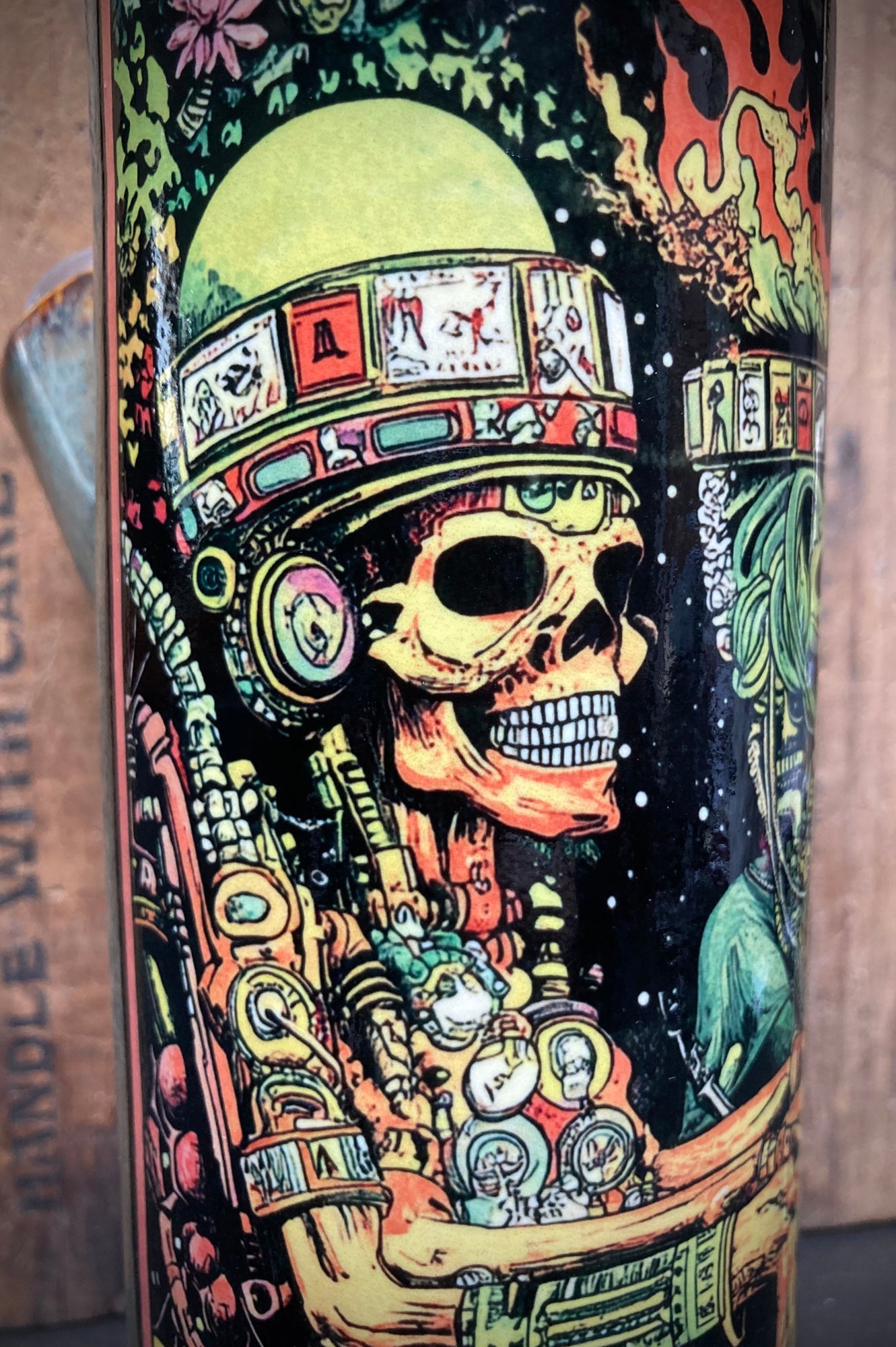 Colorful illustration on Handmade Ceramic Bong The Old Ancient Gods featuring vibrant artwork of skeletons and cosmic themes