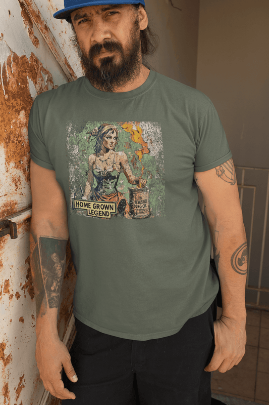 Distressed military green t-shirt with retro Homegrown Legend woman and cracked print