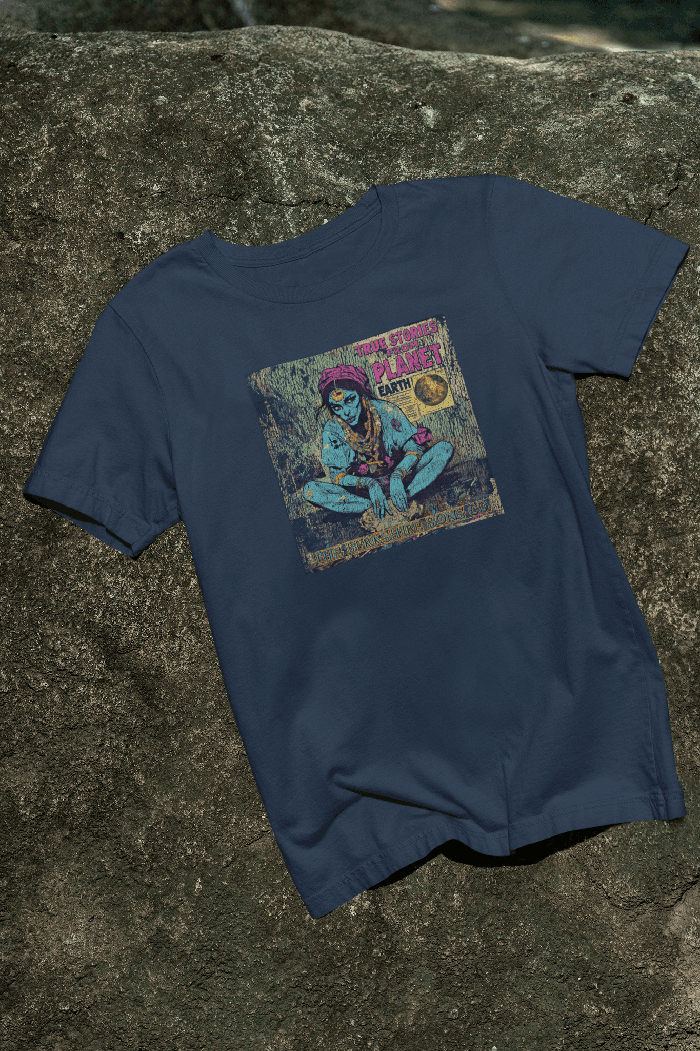 Vintage navy T-shirt featuring the "True Stories from Planet Earth" comic-style graphic by Berkshire Bong Company.