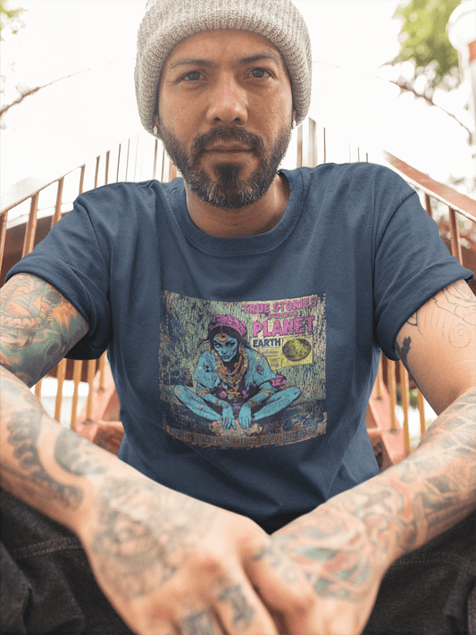 Vintage navy T-shirt with distressed "True Stories from Planet Earth" comic-inspired graphic by Berkshire Bong Company.