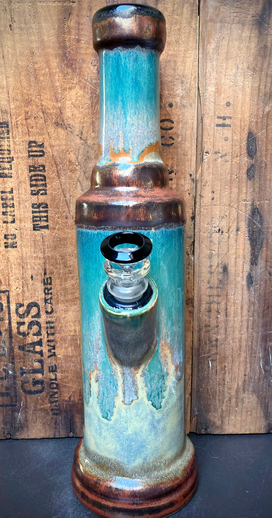 Morning Light Handmade Ceramic Bong with Enchanted Forest Art featuring a unique turquoise glaze and elegant design