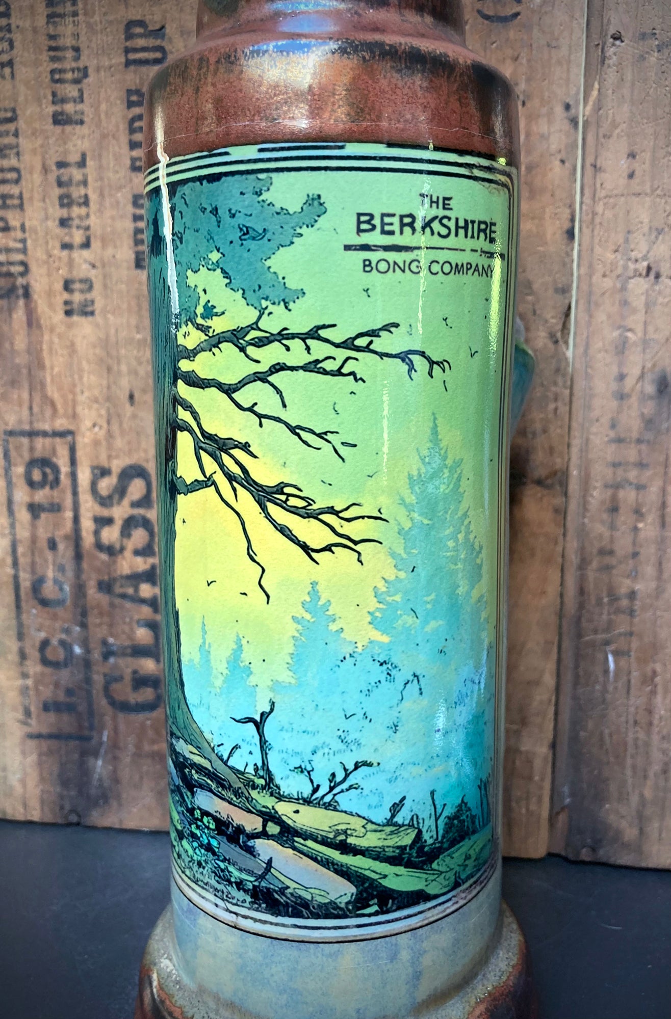 Morning Light Handmade Ceramic Bong with Enchanted Forest Art featuring vibrant colors and intricate detailing
