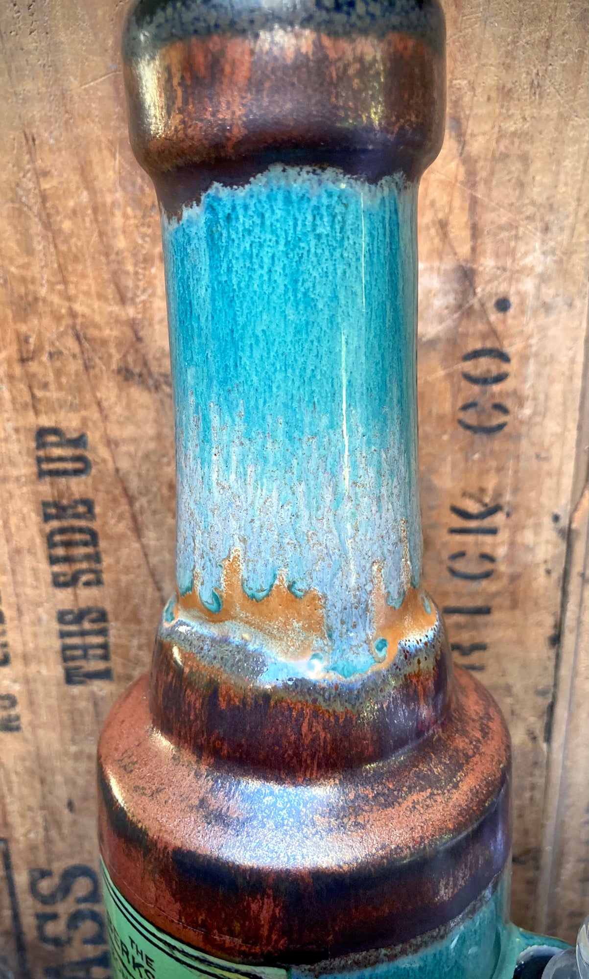 Morning Light Handmade Ceramic Bong with Enchanted Forest Art featuring a unique turquoise glaze
