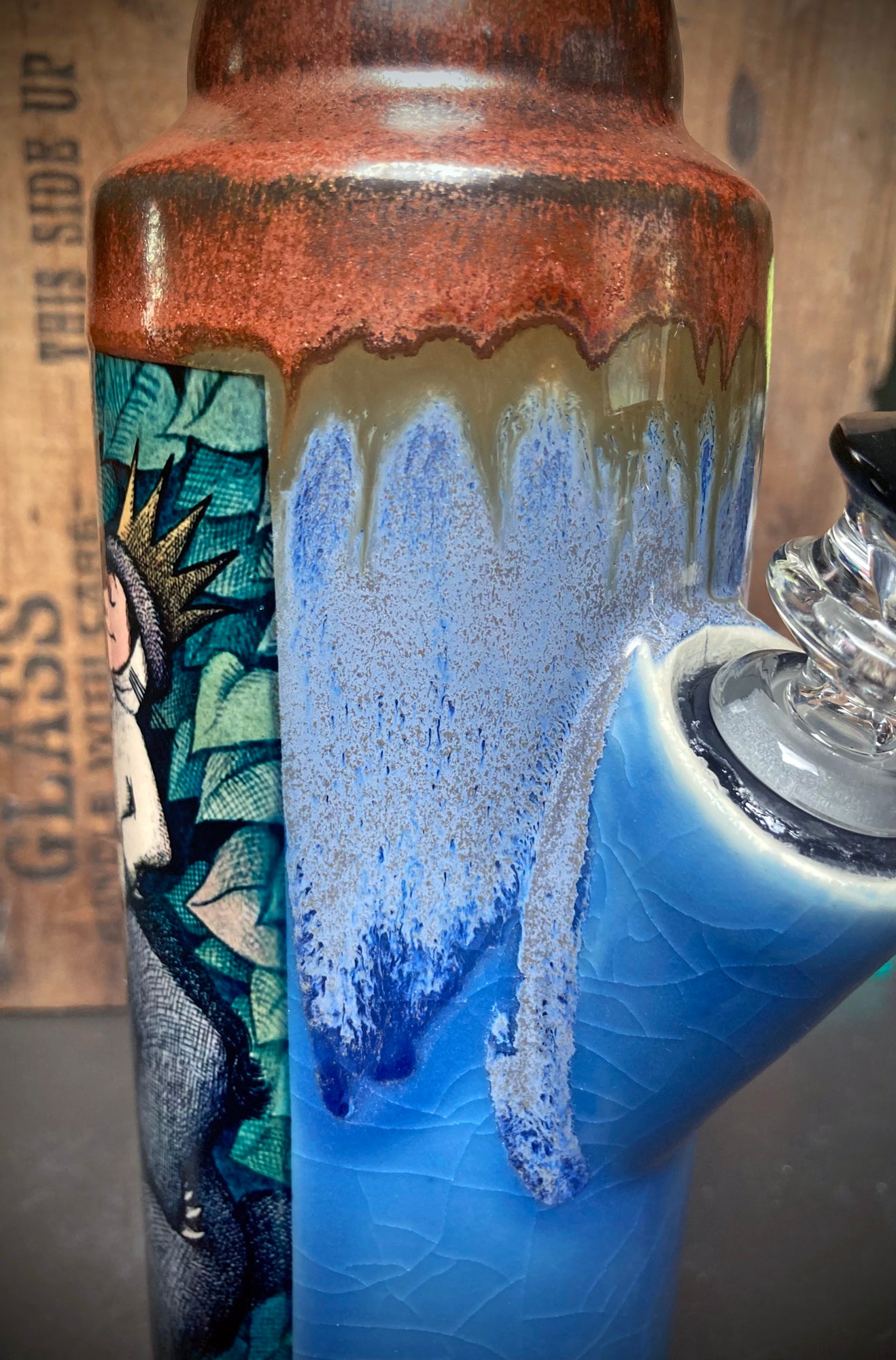 King Max raising his scepter in a forest of wild monsters on a ceramic bong