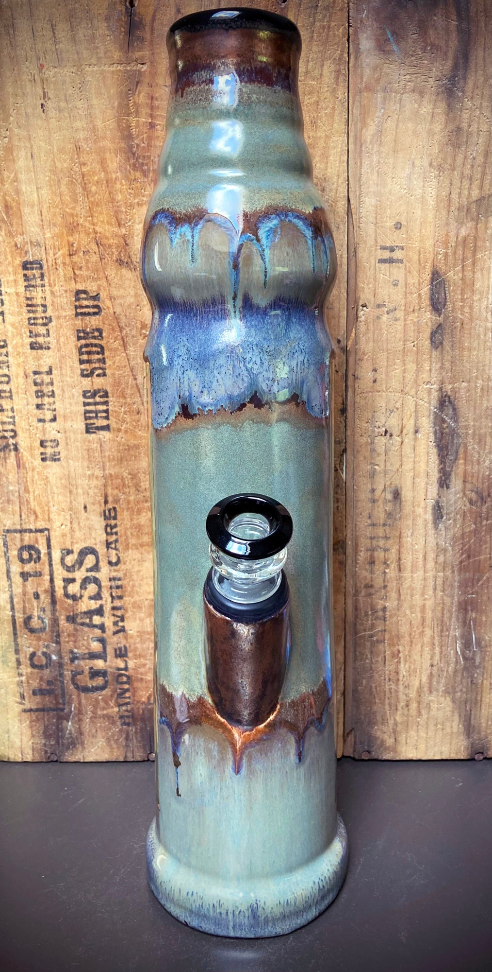 Berkshire Bong Co. Outlaws bong with layered smoky blue and green glaze, glass downstem and black bowl piece