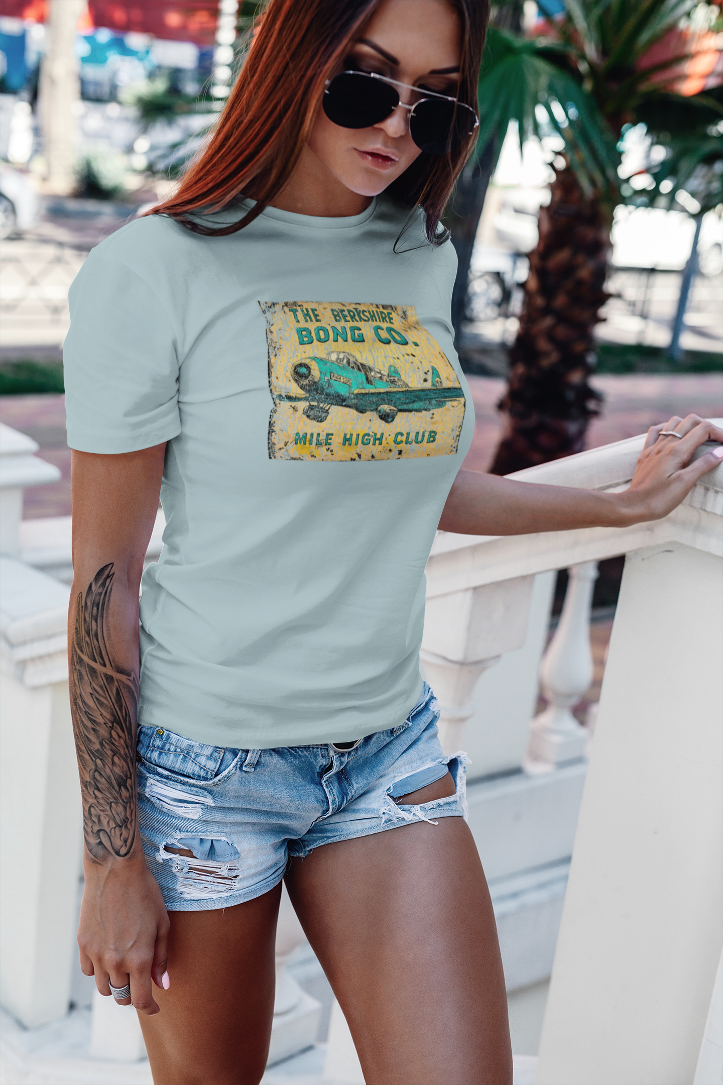 Distressed vintage airplane comic art t-shirt, Mile High Club, Berkshire Bong Co