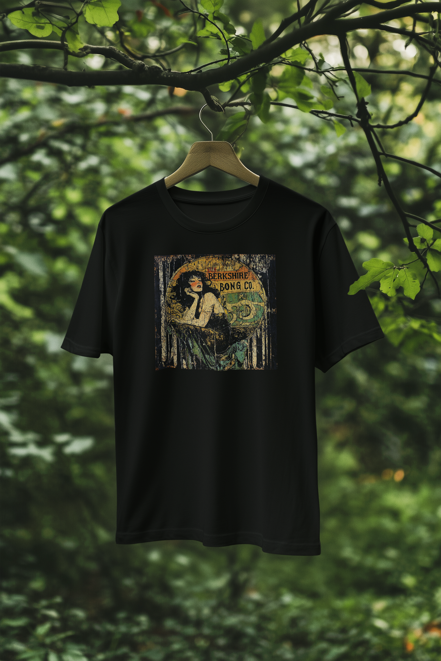 Berkshire Bong Co black tee hanging in forest with faded poster print Vintage Art Deco Inspired TShirt Distressed 1920s Design