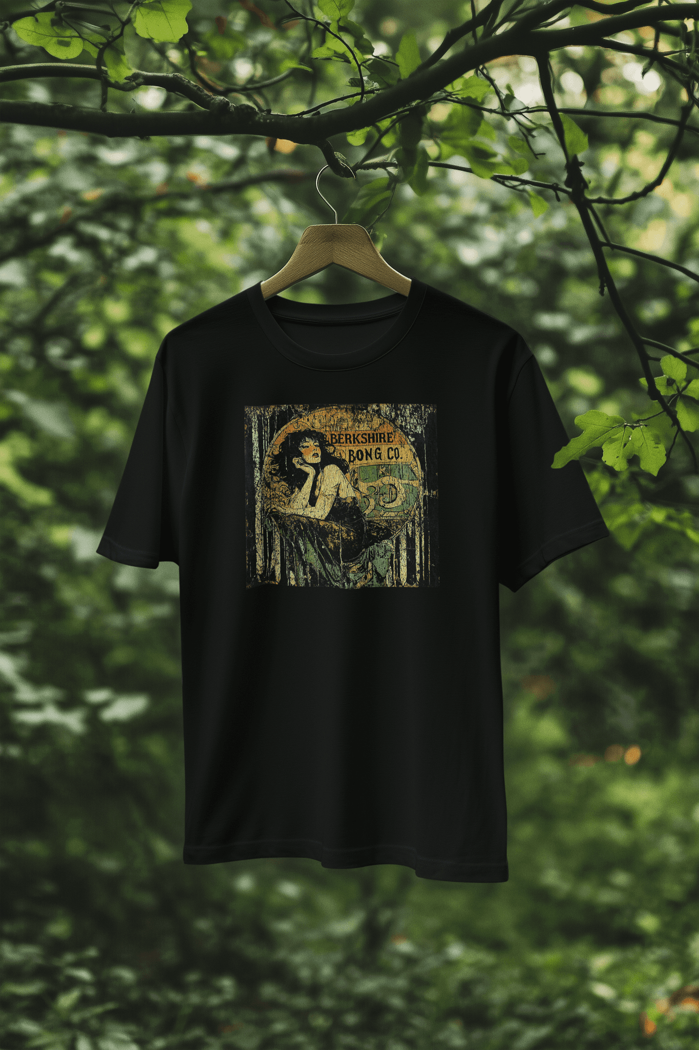 Berkshire Bong Co black tee hanging in forest with faded poster print Vintage Art Deco Inspired TShirt Distressed 1920s Design