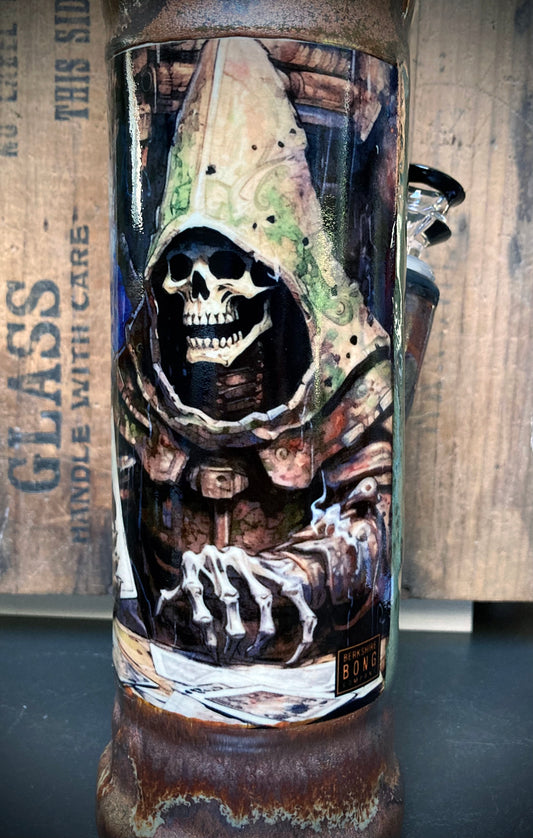 Ceramic bong with card-playing skeletons and Amaco Ancient Copper finish.