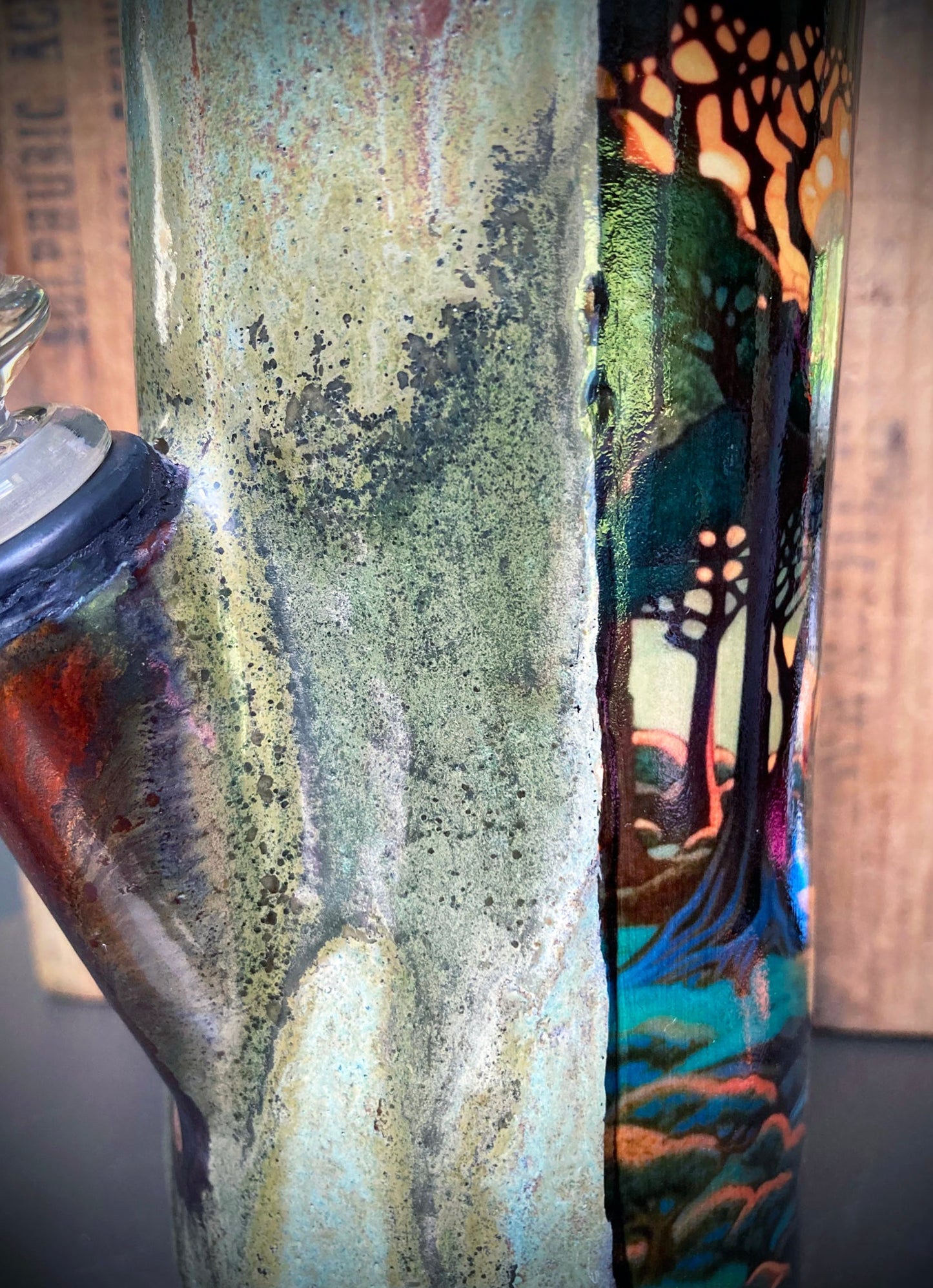 Berkshire Bong Co. Sunset bong side glaze view showing iridescent green rust ceramic finish and art panel