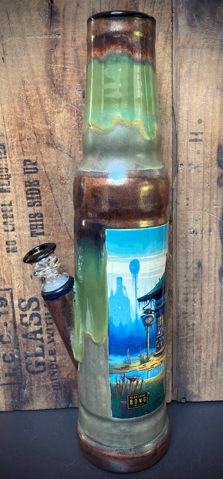 Berkshire Bong Co. ceramic bong in earthy green and copper glaze with organic drip texture, full view