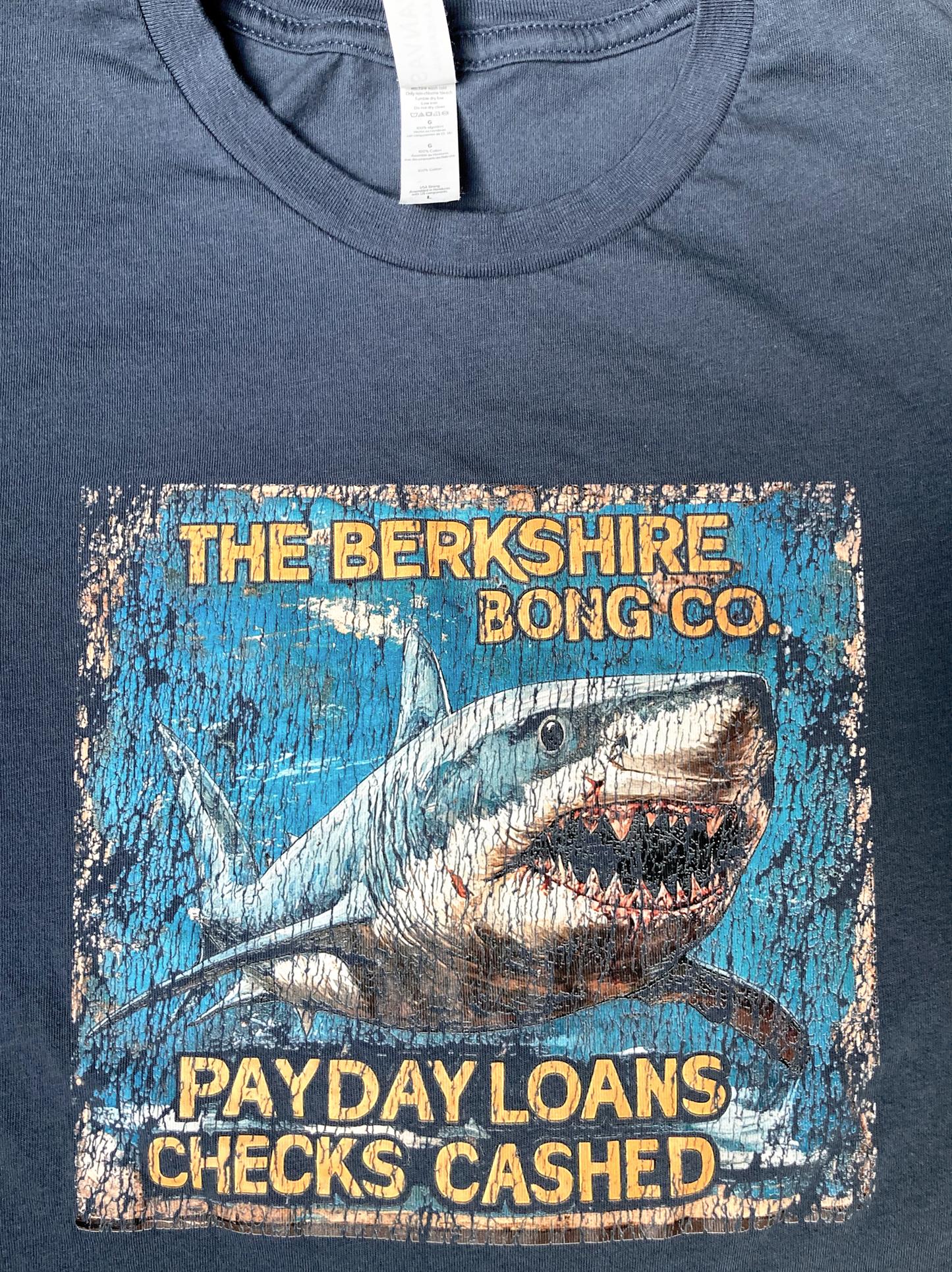Payday Loans Great White Shark Navy Tshirt with distressed great white shark graphic and Berkshire Bong Co logo