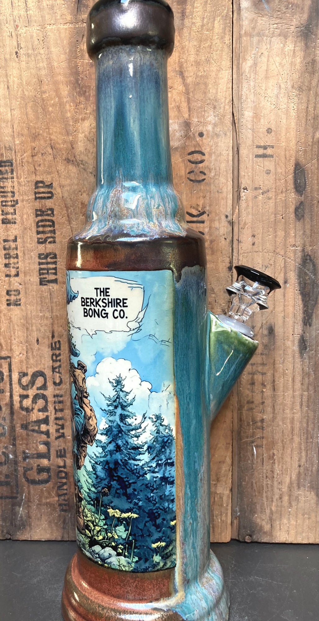 Friendly Gnome Bong With Bud Tipped Walking Stick by Berkshire Bong Company teal bottle glass with forest label