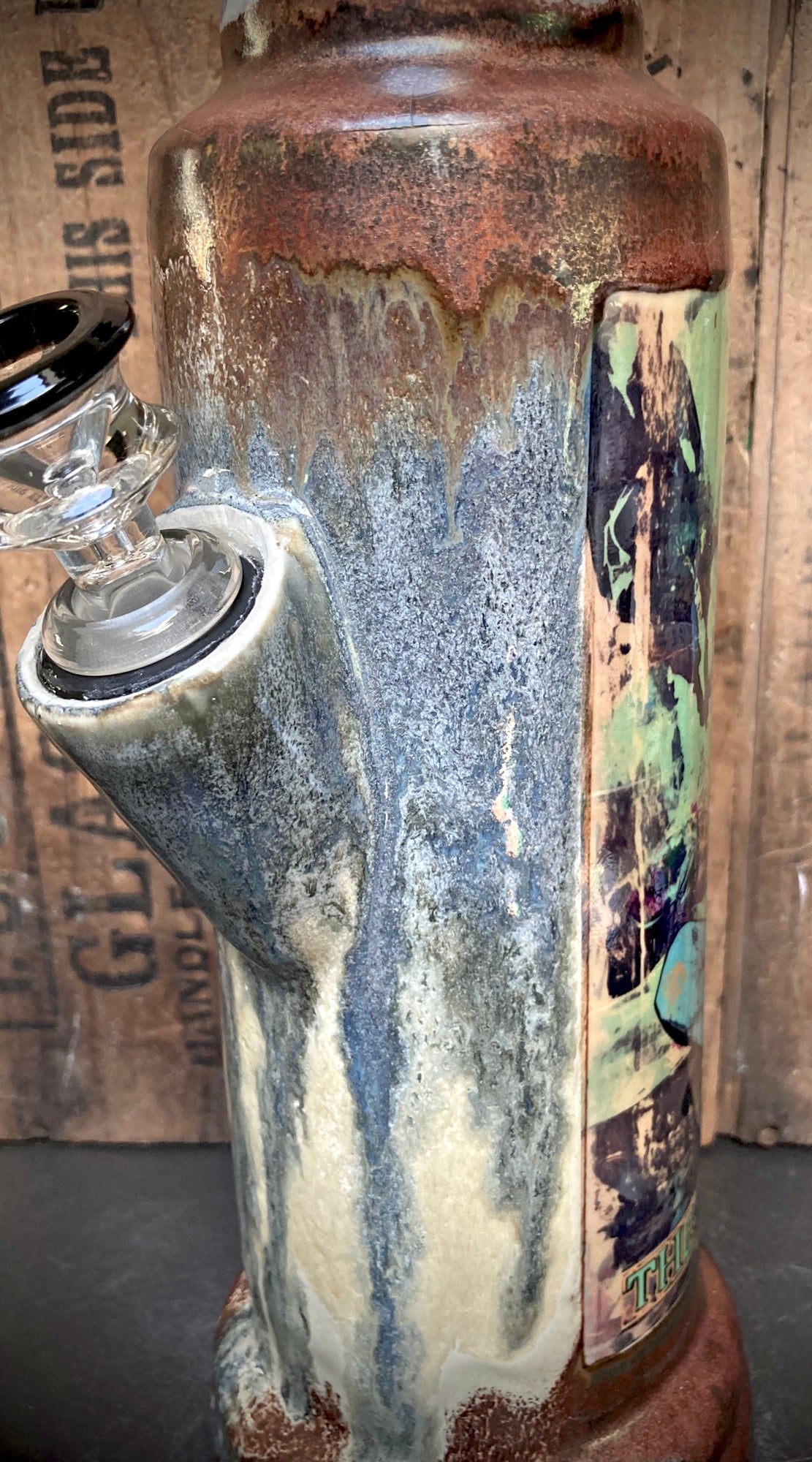 Handcrafted glazed stoneware bong with glass bowl and vintage label True Stories from Planet Earth Ceramic Bong