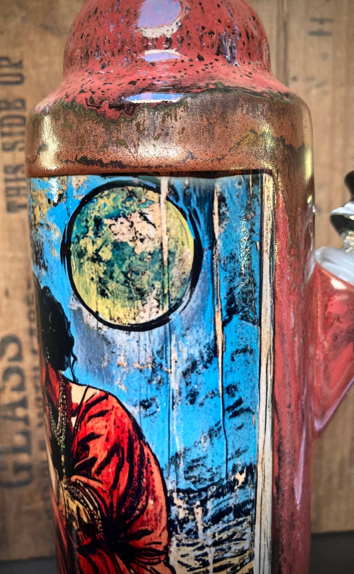 Vintage comic art ceramic bongs featuring vibrant colors and character designs