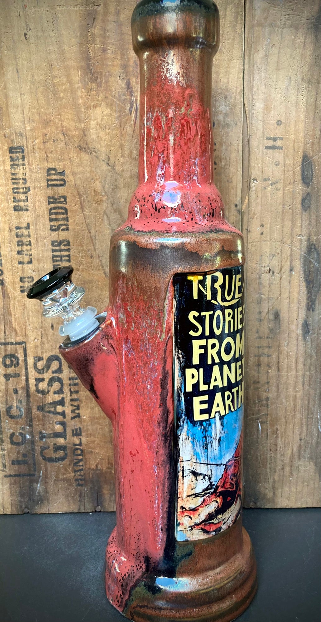 Vintage comic art ceramic bongs featuring a colorful design and unique storytelling theme