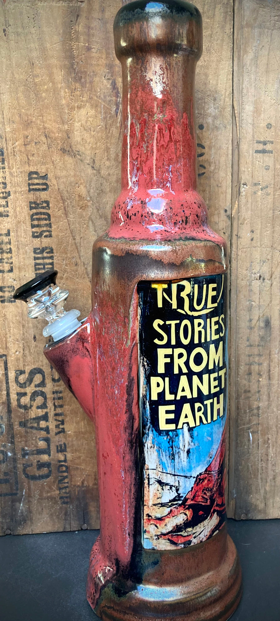 Vintage comic art ceramic bongs featuring vibrant colors and unique storytelling design