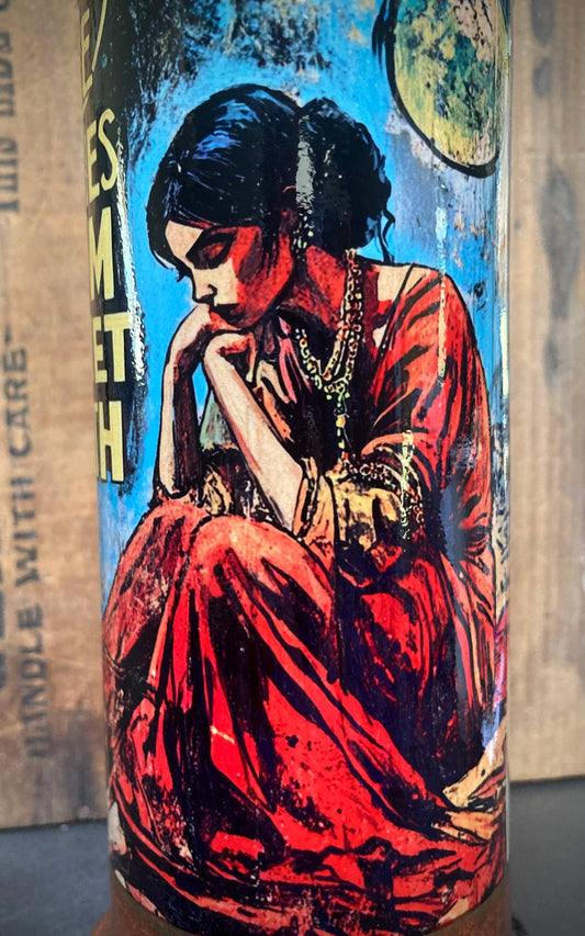 Vintage comic art ceramic bongs featuring a colorful illustration of a contemplative woman