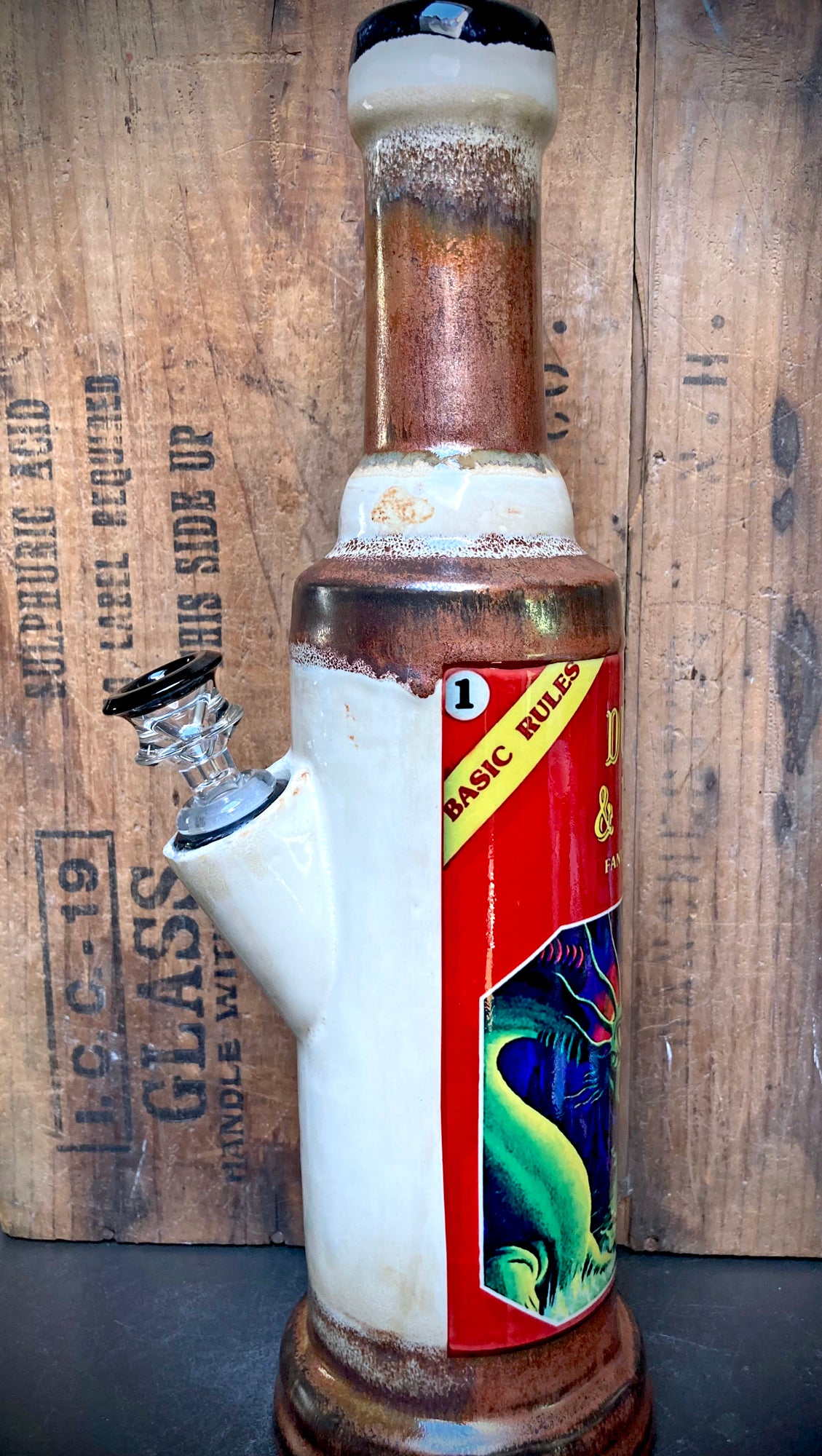 Handmade Ceramic Bong Dungeons Dragons First Edition Rulebook tall white ceramic bong with red vintage cover decal and glass bowl