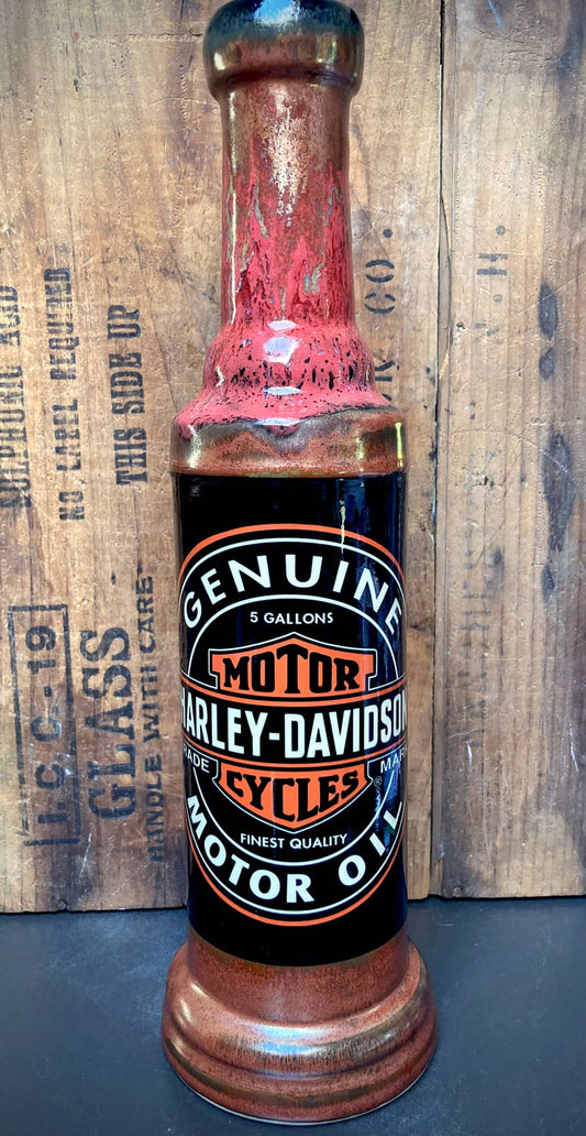 Vintage Harley Davidson bong designed as a motor oil bottle for collectors and enthusiasts