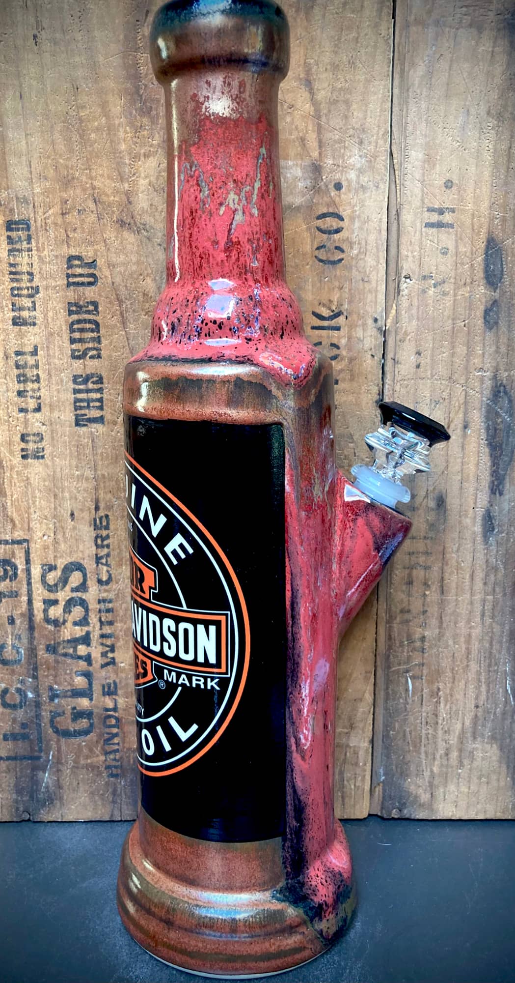 Vintage Harley Davidson bong featuring a unique design and colorful finish for stylish use