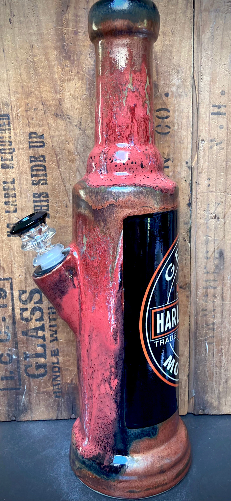 Unique vintage Harley Davidson bong with a classic retro design and vibrant colors