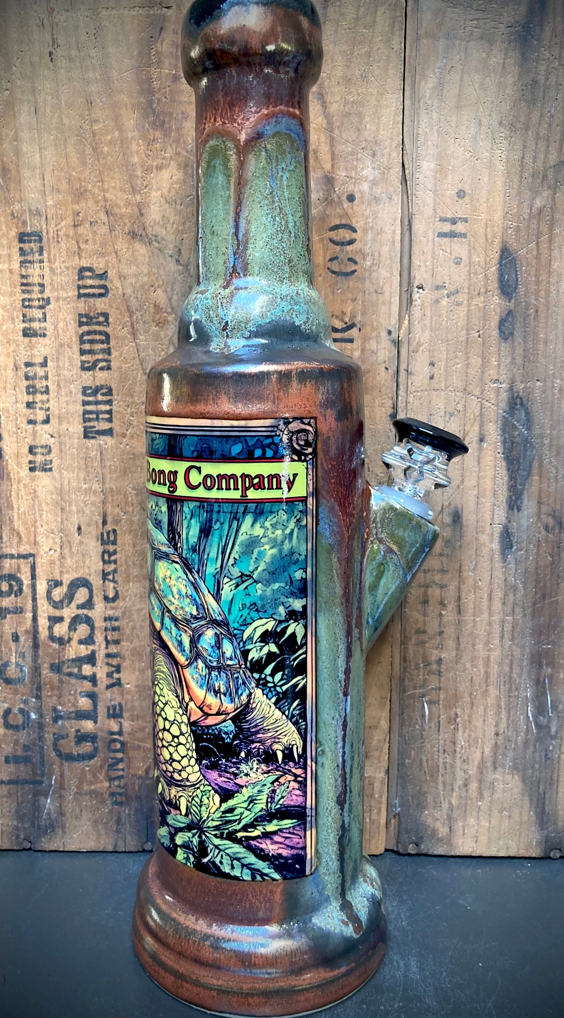 Closeup of turtle illustration on the back of the bong in a leafy Berkshire forest.